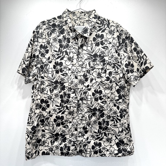 American Eagle Outfitters AEO Beige Black Tropical Hawaiian Floral Men’s Shirt - Picture 1 of 5